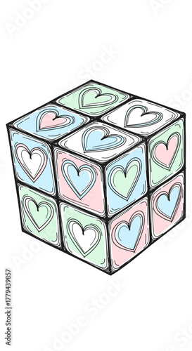 Colorful cube puzzle featuring heart patterns on each side  