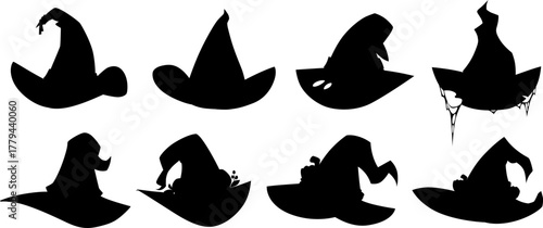 Set of black silhouettes of magic witch hats, different shapes, with holes, cobwebs, torn ends. .