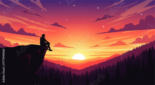 Silhouette of a person sitting on a cliff watching a sunset over a valley.