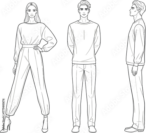 Fashion illustration of stylish man and woman models standing pose front and side view drawing template for clothing design reference