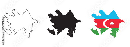 Azerbaijan map vector set with editable country outline black silhouette and national flag featuring blue red green stripes with white crescent and star for geography and education design use