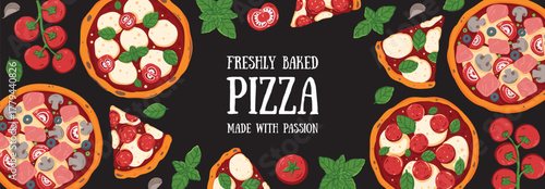 Italian Pizza frame. Italian food. Vector illustration. Top view. Menu, package, logo, design template.