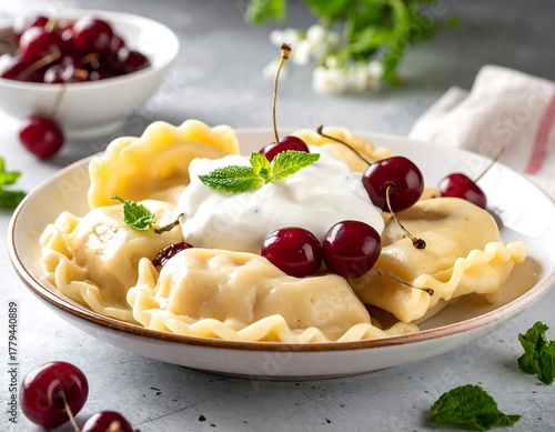 A plate of pierogi, cherries, and a dollop of creamy sauce
