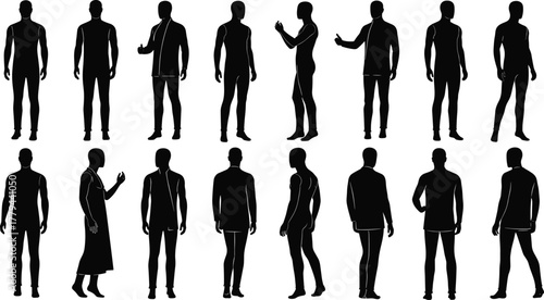 Male human silhouette poses standing walking talking and gesturing in different angles for fashion design reference and illustration template