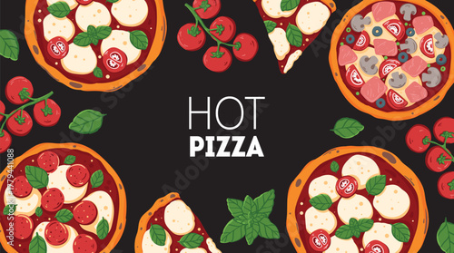 Italian Pizza frame. Italian food. Vector illustration. Top view. Menu, package, logo, design template.