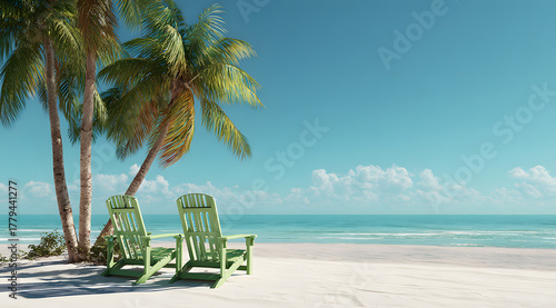 Fototapeta Naklejka Na Ścianę i Meble -  Green sunbeds on the beach
