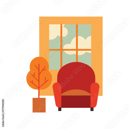 Cozy autumn interior scene with a red armchair and window view
