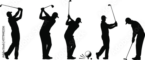 Golf swing silhouettes, black vector illustration, putting stance, club impact, tee setup, golf ball, athletic motion, sports design, leisure, training