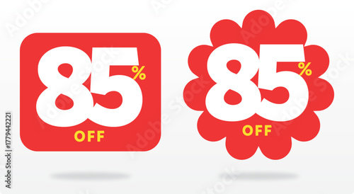 85% off, label, purchase, offer, discount, advertising, value,  poster, shape, price, tag, sale, emblem, business, banner,sticker, template, promo. Discount, icon, set, vector