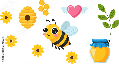 Cute cartoon bee with honeycomb, flowers, and heart