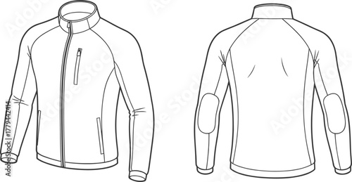 Technical sketch of high-collar jacket, front and back view, zipper pockets, elbow patches, fashion design, garment illustration, outerwear blueprintTechnical sketch of high-colla