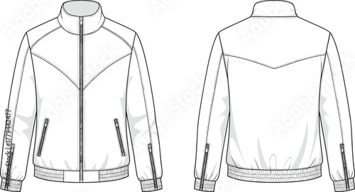 Technical sketch of high-collar jacket, front and back view, zippered pockets, ribbed cuffs, yoke design, fashion illustration, garment blueprint