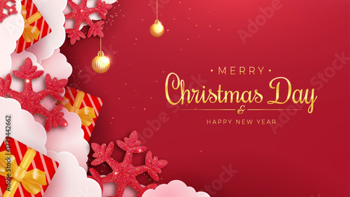 Merry Christmas Day Greeting With Golden Script, Gifts, Snowflakes, and Red Backdrop