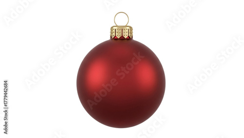 Isolated Matte Red Christmas Ball Ornament with Gold Cap on White Background