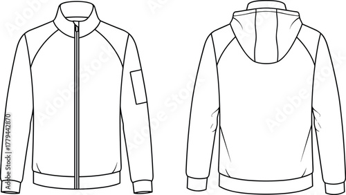 Technical sketch of hooded raglan-sleeve jacket, front and back view, zip closure, sleeve patch, ribbed hem, fashion design, illustration