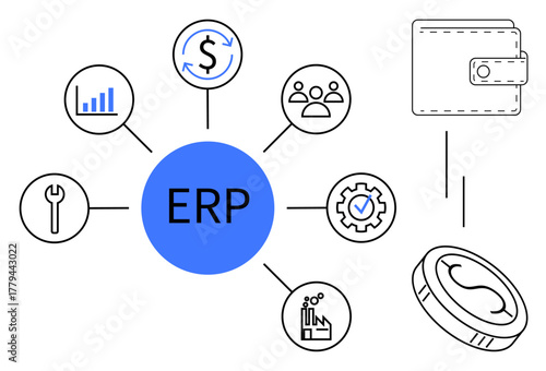 Central ERP with icons for analytics, finance, workforce, tools, operations, quality, wallet, and money. Ideal for business management productivity planning integration optimization finance
