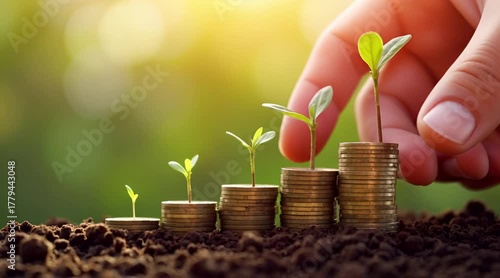 Financial Investment Growth Concept: Hand Planting Small Plant on Increasing Stacks of Coins in Soil symbolizing Saving Success and Future Sustainability
