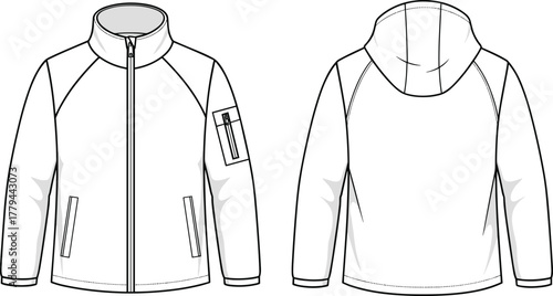 Technical sketch of hooded raglan-sleeve jacket, front and back view, zippered pockets, sleeve patch, fashion design, garment illustration, outerwear