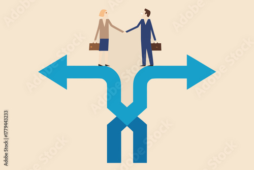 Business partners shaking hands at a crossroads with diverging paths representing choices and decisions