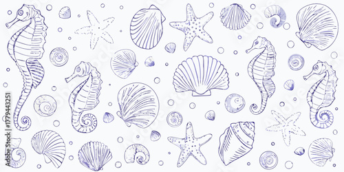 Charming hand drawn sketch of seahorses starfish and various seashells with bubbles