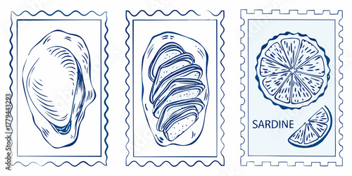 Hand drawn blue ink illustrations of an oyster sardine fillets and sardine with lemon slice on stamps