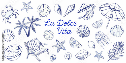 La dolce vita summer beach elements collection with seashells palm trees crab starfish and beach chair