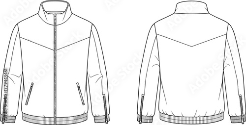 Technical sketch of sporty zippered jacket, front and back view, high collar, ribbed cuffs, fashion design, garment illustration, outerwear blueprint