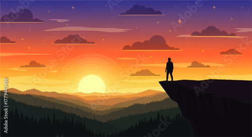 Silhouette of a person standing on a cliff at sunset, overlooking a landscape.