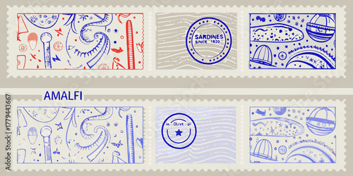 Amalfi coast themed postage stamps featuring marine life and italian motifs in blue and red