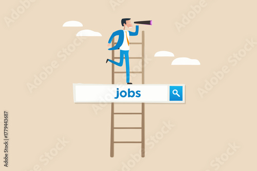Businessman on ladder looking through telescope for job opportunities in search bar