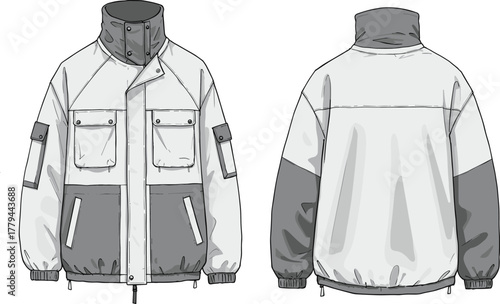 Technical sketch of two-tone jacket, front and back view, flap pockets, snap buttons, elastic cuffs, fashion design, garment illustration