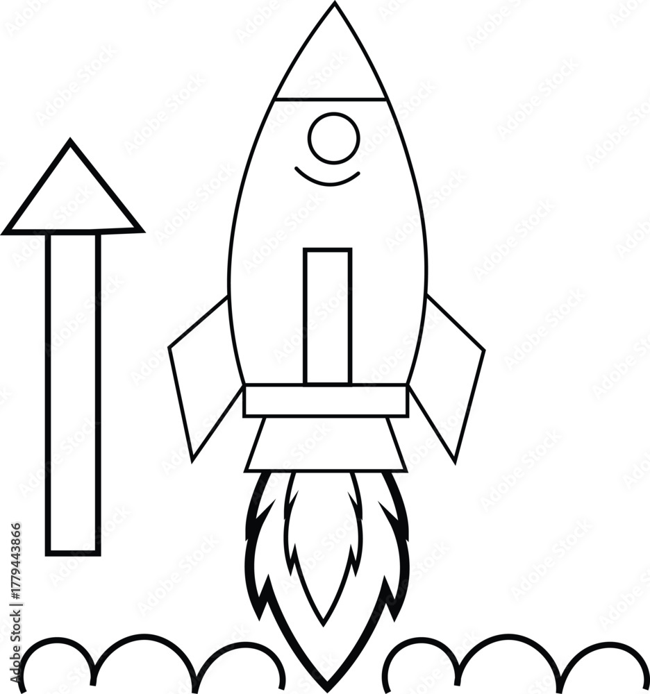 Fototapeta premium Rocket launch with upward arrow line art, symbolising startup growth