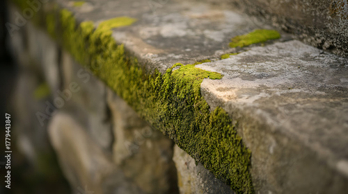 Wallpaper Mural A close-up reveals moss clinging to a stone ledge, its vibrant green contrasting beautifully with the aged, textured surface. A story of nature's tenacity unfolds. Torontodigital.ca