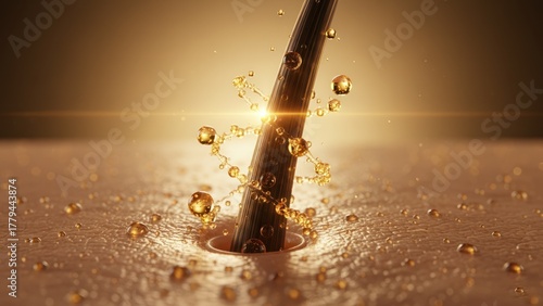Golden light glowing around single hair follicle showing strength and rejuvenation for hair repair and hair care