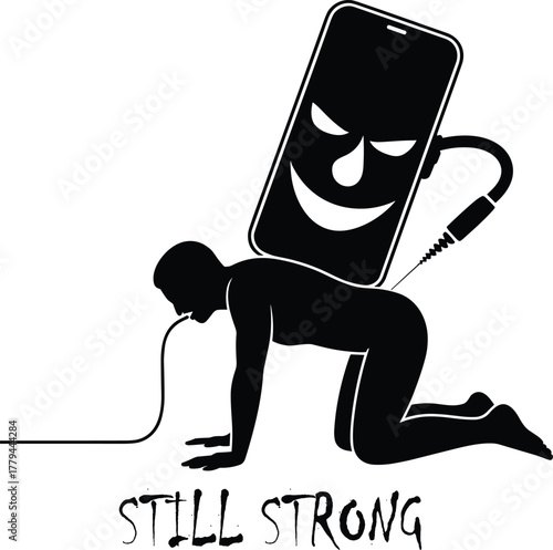 Human figure connected to a menacing smartphone via a syringe and tube vector.