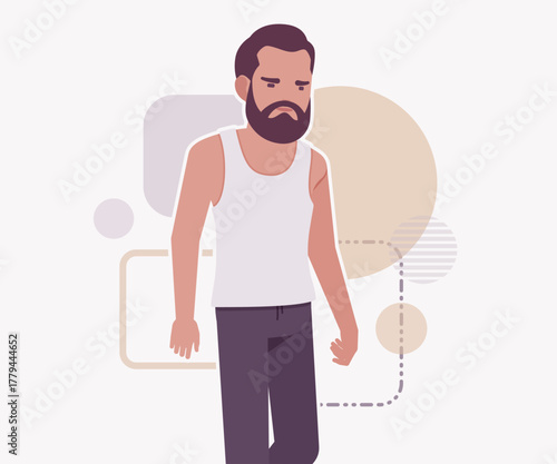 Middle aged man in home casual relaxed wear sad pose. Bearded guy sleeveless wifebeater undershirt, comfy lounge pajama jogger pants, vector flat style cartoon illustration, creative background