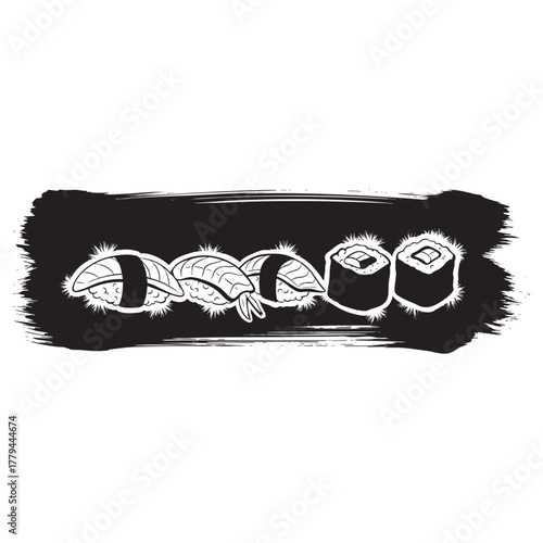 Sushi and Maki Rolls with Grunge Brush Stroke - Japanese Food Vector