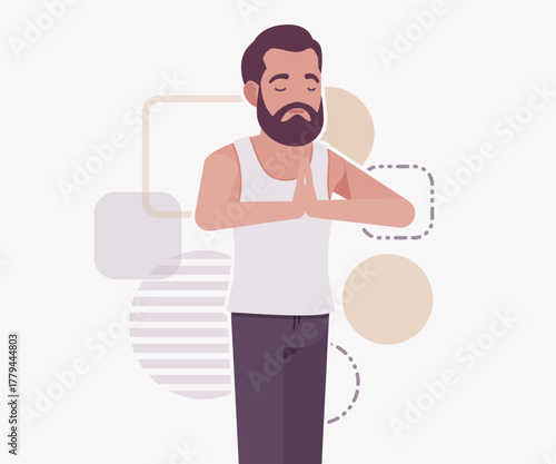 Middle aged man in home casual relaxed wear namaste pose. Bearded guy sleeveless wifebeater undershirt, comfy lounge pajama jogger pants, vector flat style cartoon illustration, creative background