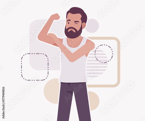 Middle aged man in home casual wear fit sporty pose. Bearded guy sleeveless white wifebeater undershirt, comfy lounge pajama jogger pants, vector flat style cartoon illustration, creative background