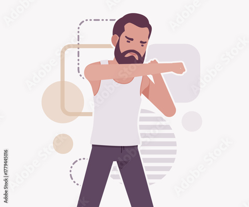 Middle aged man in home casual relaxed wear fight pose. Bearded guy sleeveless white wifebeater undershirt, comfy lounge pajama jogger pants, vector flat style cartoon illustration creative background