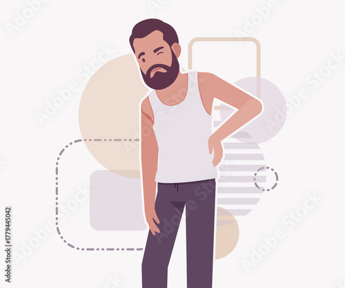 Middle aged man in home casual relaxed wear backache pose. Bearded guy sleeveless wifebeater undershirt, comfy lounge pajama jogger pants, vector flat style cartoon illustration, creative background