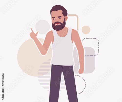 Middle aged man in home casual relaxed wear speaker pose. Bearded guy sleeveless wifebeater undershirt, comfy lounge pajama jogger pants, vector flat style cartoon illustration, creative background