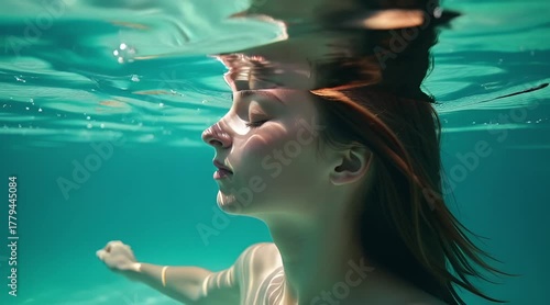 Serene young woman floating underwater illuminated by sunbeams cutting through the clear blue pool surface symbolizing tranquility and freedom