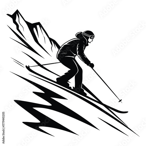 Dynamic illustration of a skier descending a steep mountain slope with energetic lines conveying speed and exhilaration