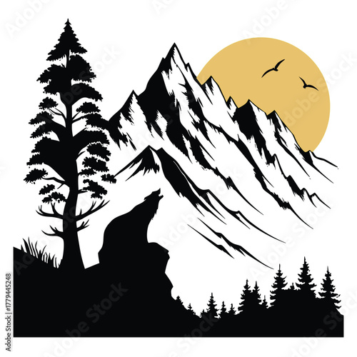 Silhouette of a wolf howling at the moon with pine trees and jagged mountains in the background