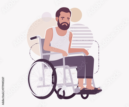 Middle aged man in home casual, wheelchair disability pose. Bearded guy sleeveless wifebeater undershirt, comfy lounge pajama jogger pants, vector flat style cartoon illustration, creative background