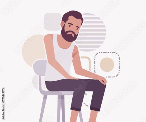 Middle aged man in home casual relaxed wear chair sit pose. Bearded guy sleeveless wifebeater undershirt, comfy lounge pajama jogger pants, vector flat style cartoon illustration, creative background