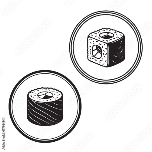 Round and Square Sushi Maki Rolls in Circles - Japanese Food Icons