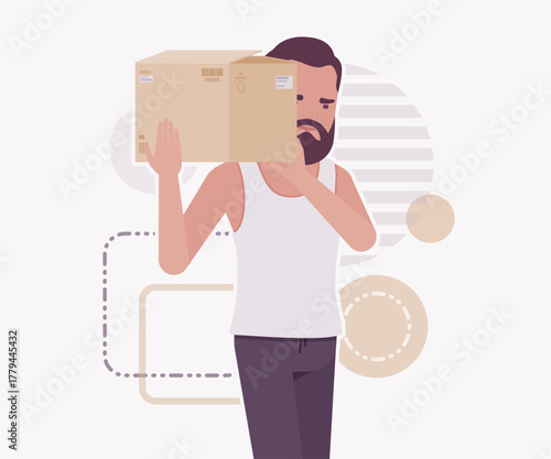 Middle aged man in home casual wear box carry pose. Bearded guy sleeveless white wifebeater undershirt, comfy lounge pajama jogger pants, vector flat style cartoon illustration, creative background