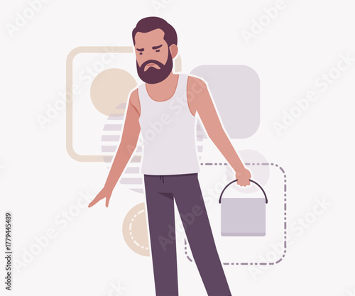 Middle aged man in home casual wear bucket carry pose. Bearded guy sleeveless white wifebeater undershirt, comfy lounge pajama jogger pants, vector flat style cartoon illustration, creative background